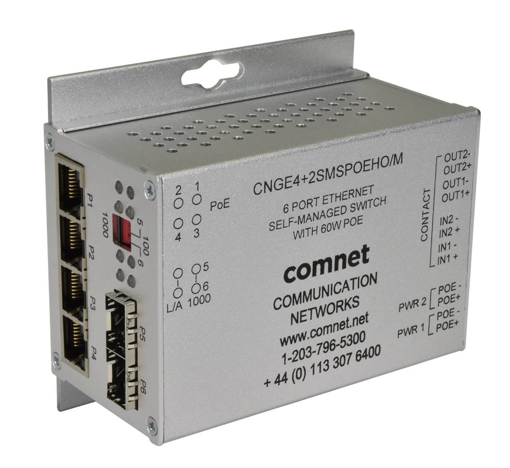 Comnet 6-Port-Ethernet-selbstverwalteter Switch mit 60W PoE und Kontakteingabe-/Ausgabeanschlüssen, dargestellt in einem metallischen industriellen Gehäuse.