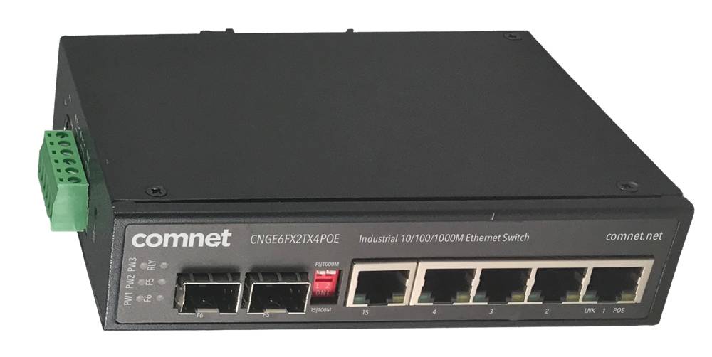 Schwarzer Comnet Industrial-Ethernet-Switch mit 6 Anschlüssen und einem grünen Stromstecker auf der linken Seite.