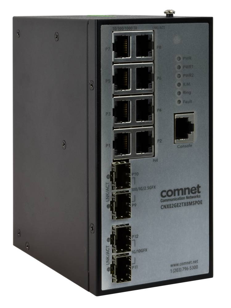 Frontansicht eines ComNet-Industrie-Netzwerk-Switches mit mehreren Ethernet-Anschlüssen, Status-LEDs und einem Konsolenport auf der Frontplatte.