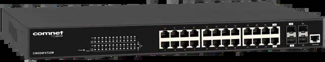 Schwarzer Comnet-Netzwerk-Switch mit 24 Ethernet-Ports und vier SFP-Uplink-Ports auf der Frontplatte.