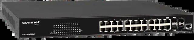 Vorderansicht eines Comnet-Netzwerk-Switches mit mehreren Ethernet-Anschlüssen und zwei Uplink-Anschlüssen auf der rechten Seite.
