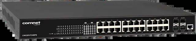 Vorderansicht eines Comnet-Netzwerk-Switches mit mehreren Ethernet-Anschlüssen und Status-LEDs in einem Rack-Mount-Metallgehäuse.