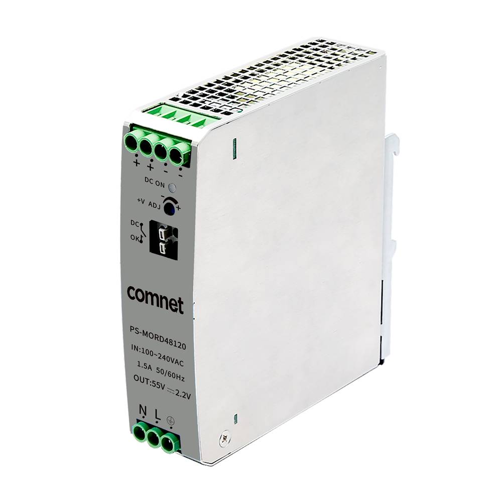 Comnet PS-MDR4812C DIN-Schienen-Stromversorgungsmodul mit grünen Anschlussklemmen und weißem Metallgehäuse auf schwarzem Hintergrund.