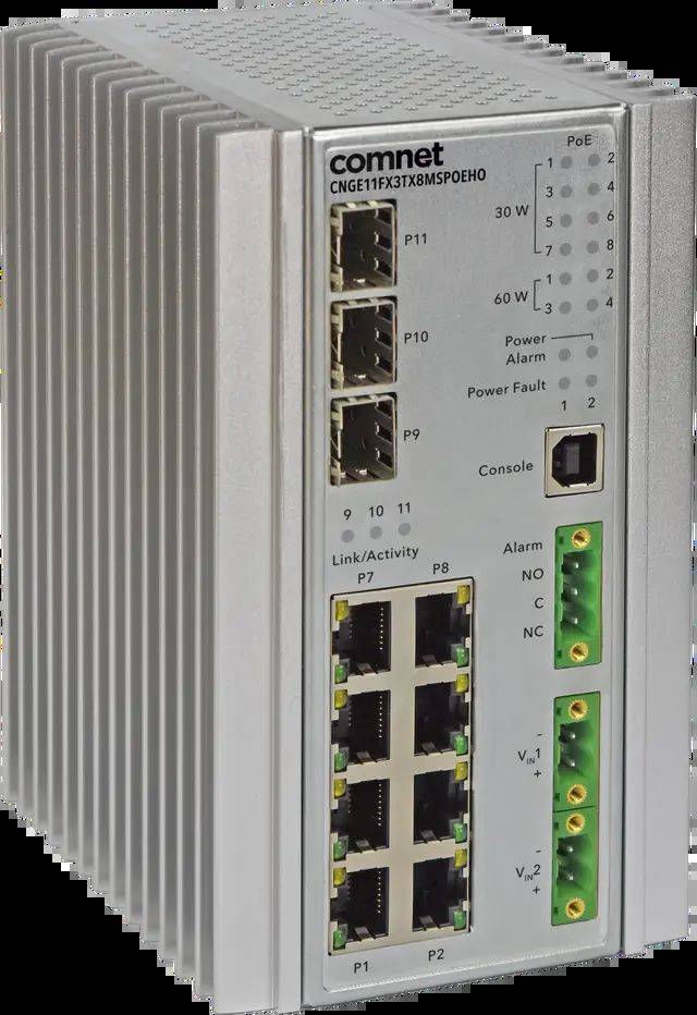 Industrieller ComNet Ethernet-Schalter mit mehreren RJ45-Anschlüssen, PoE-Indikatoren, Konsolenport, Alarmterminal und Status-LEDs auf der Frontplatte.
