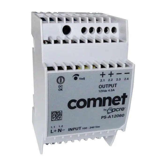 Stromversorgungsgerät 'Comnet PS-A1062' mit mehreren Ausgangsklemmen, LED-Anzeigen und Eingangs-/Ausgangsspannungsspezifikationen.