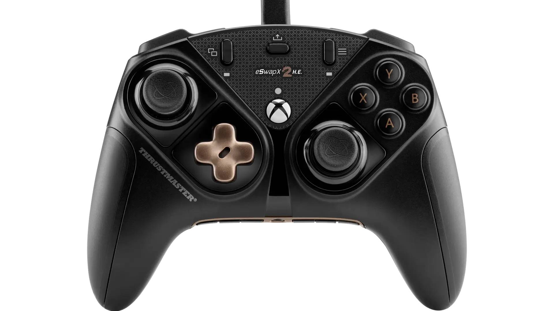 Ein schwarzer Gaming-Controller mit zwei Analogsticks, vier Aktionstasten und einem Steuerkreuz. Der Text darauf lautet: 