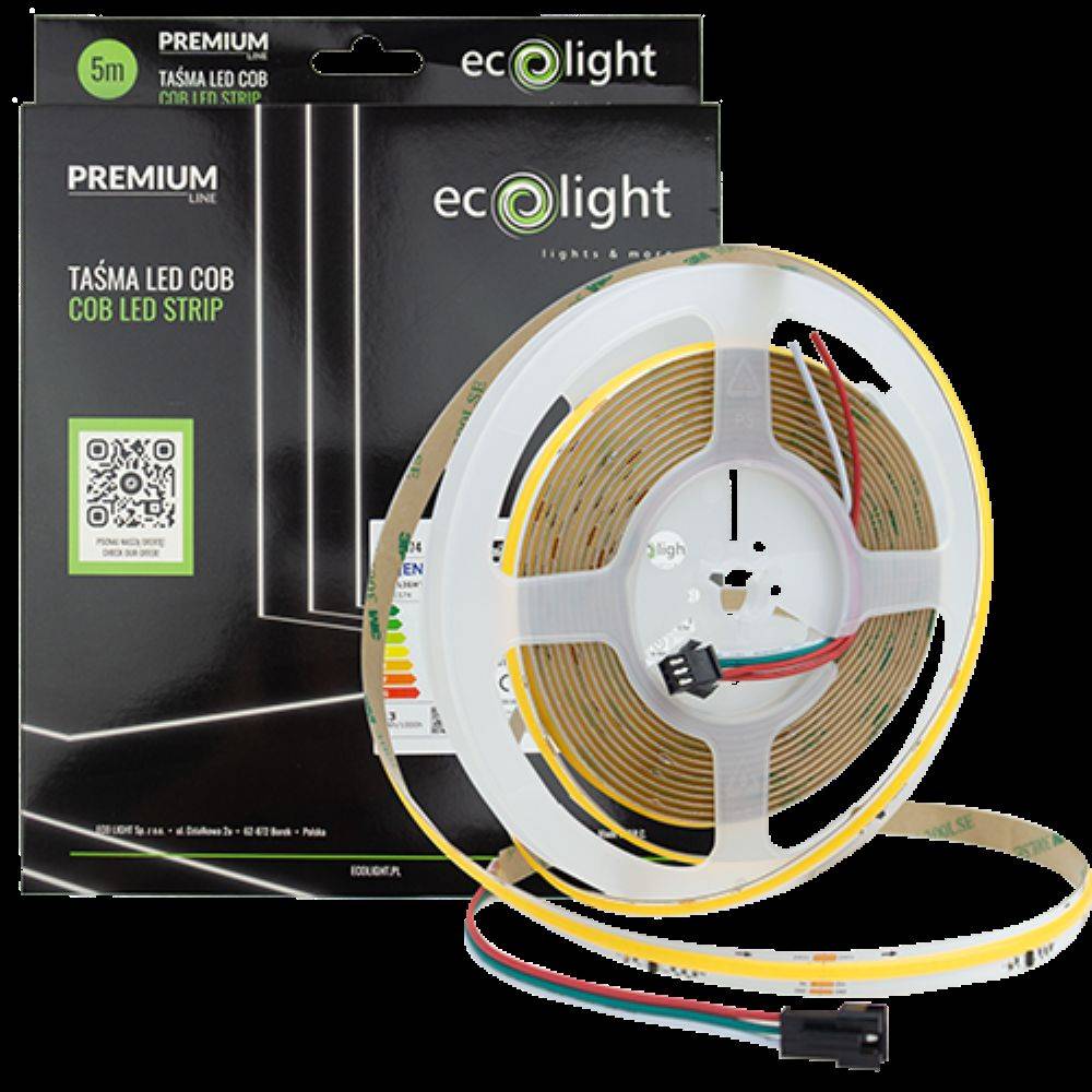 LED-Lichtleiste auf Rolle; 5m COB LED-Streifen von Ecolight, mit Aufschrift 'Premium', QR-Code auf der Verpackung sichtbar.