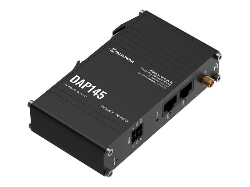 Schwarzer Teltowka DAP145 Power over Ethernet Injektor mit Ethernet-Anschlüssen und Antennenstecker