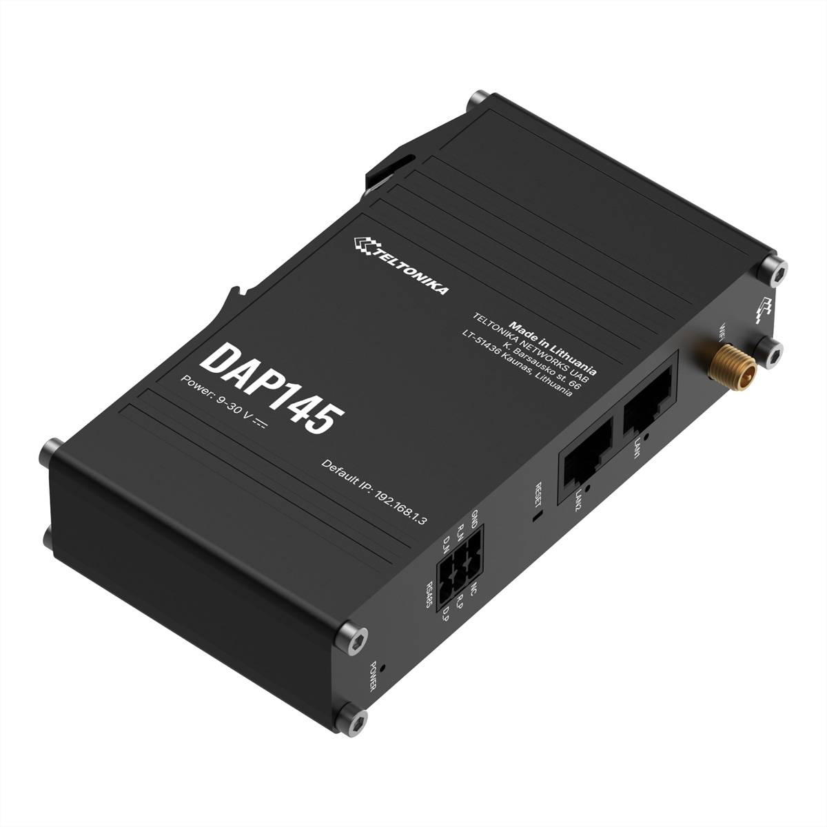 Schwarzer Teltonika DAP145 kabelloses Zugangspunkt-/Routergerät mit Ethernet-Anschlüssen und Antennensteckern, abgebildet auf weißem Hintergrund.