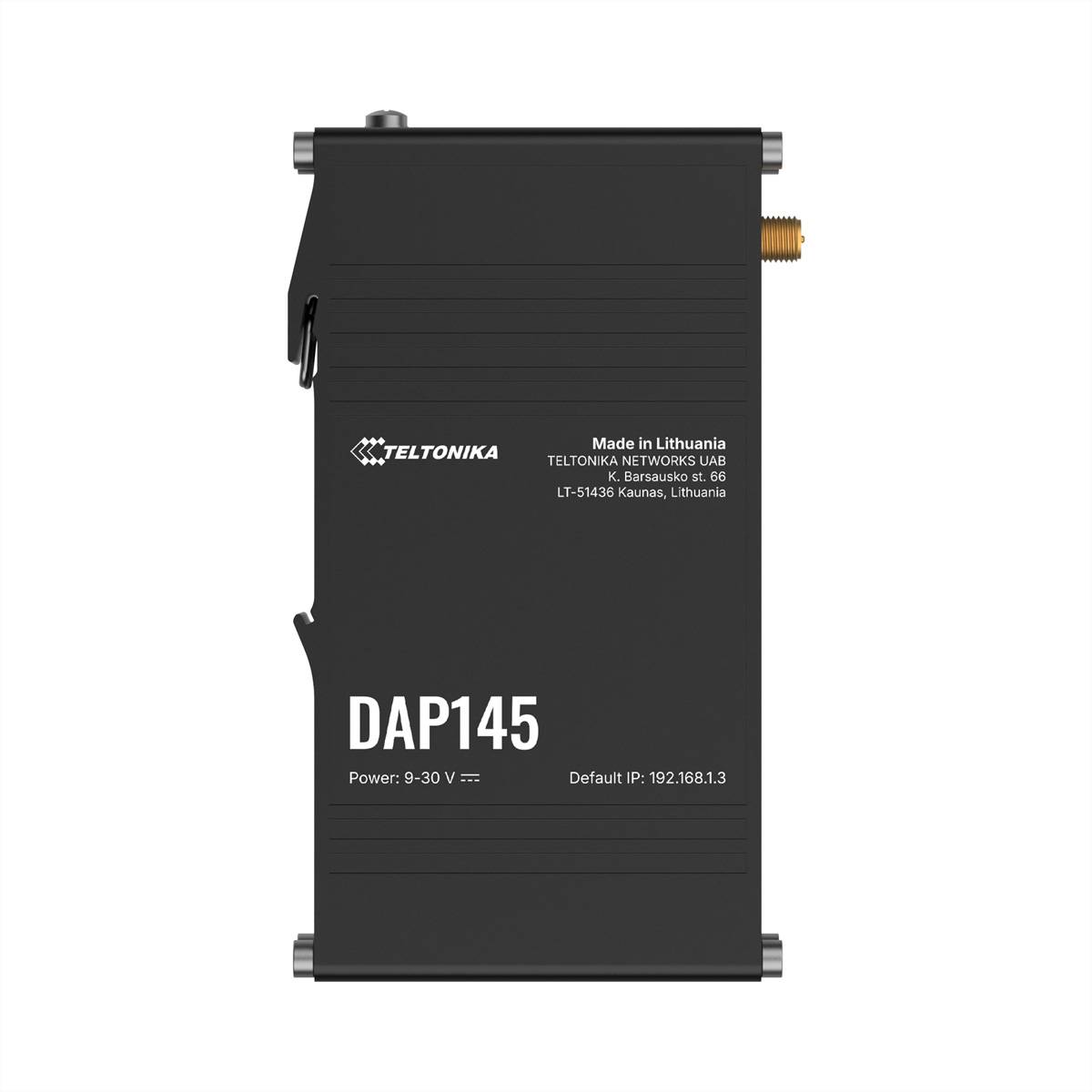 Teltonika DAP145' Gerät, schwarzes rechteckiges Gehäuse mit Logos und Text auf der Vorderseite. Zeigt Leistungsspezifikationen und Standard-IP-Adresse an.