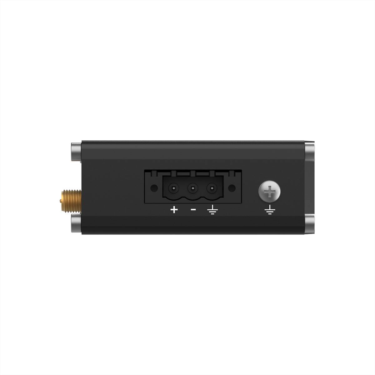 Ein schwarzes elektronisches Gerät mit einem zentralen Anschluss und einem kleinen Knopf an einer Seite. Der Anschluss hat Plus- und Minuszeichen.