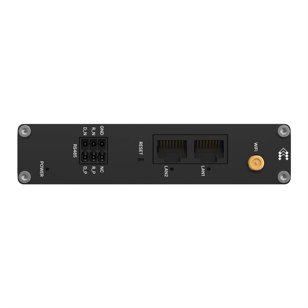 Ein Netzwerk-Hardwaregerät mit einer Rücksetzungstaste, Anschlüssen mit den Bezeichnungen LAN1, LAN2, RS485 und Anzeigen für Stromversorgung und WLAN-Konnektivität.