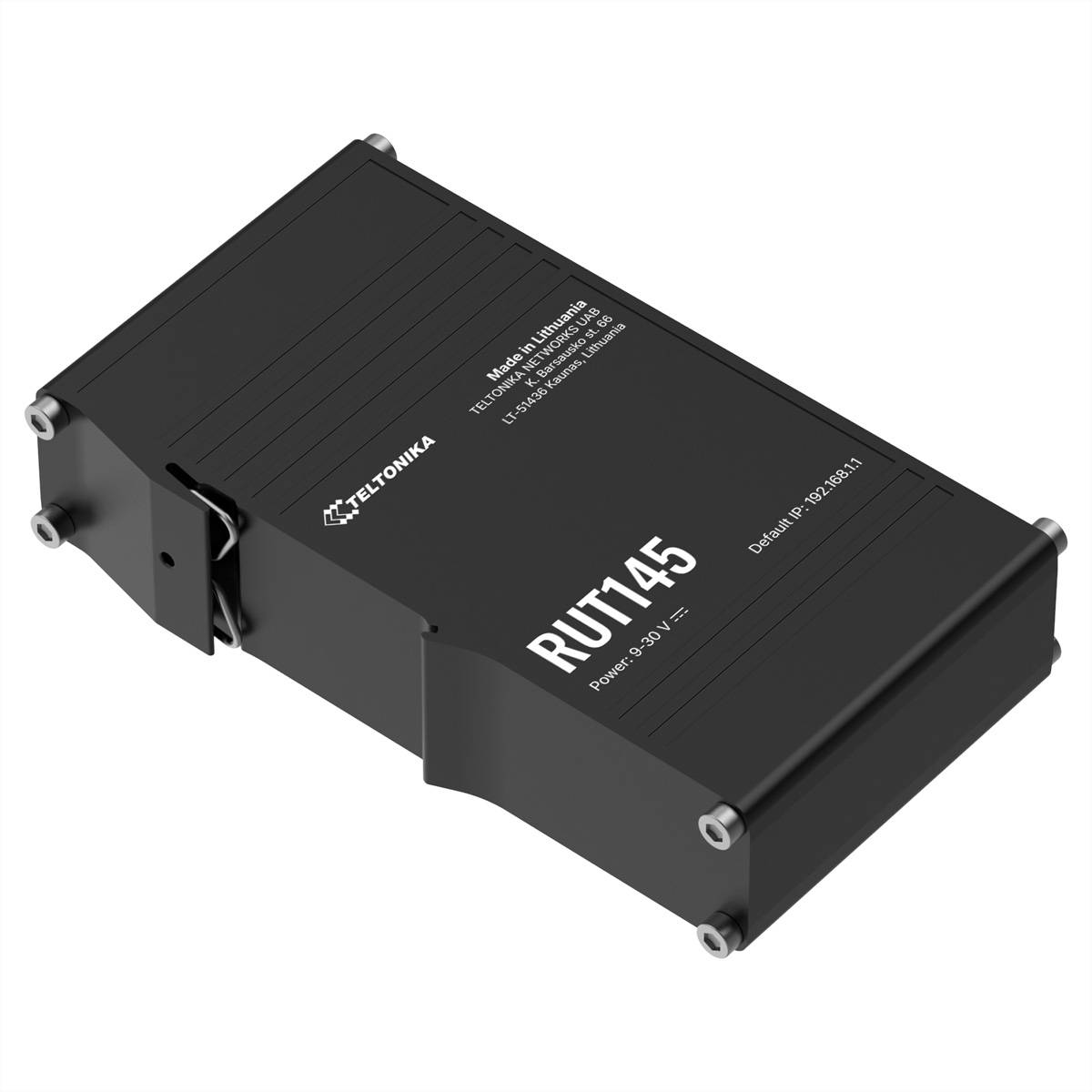 Ein schwarzes Teltonika RUT1145-Gerät mit Etiketten, die das Modell und den Stromeingang anzeigen, schräg von oben gezeigt mit sichtbaren Befestigungsschrauben.
