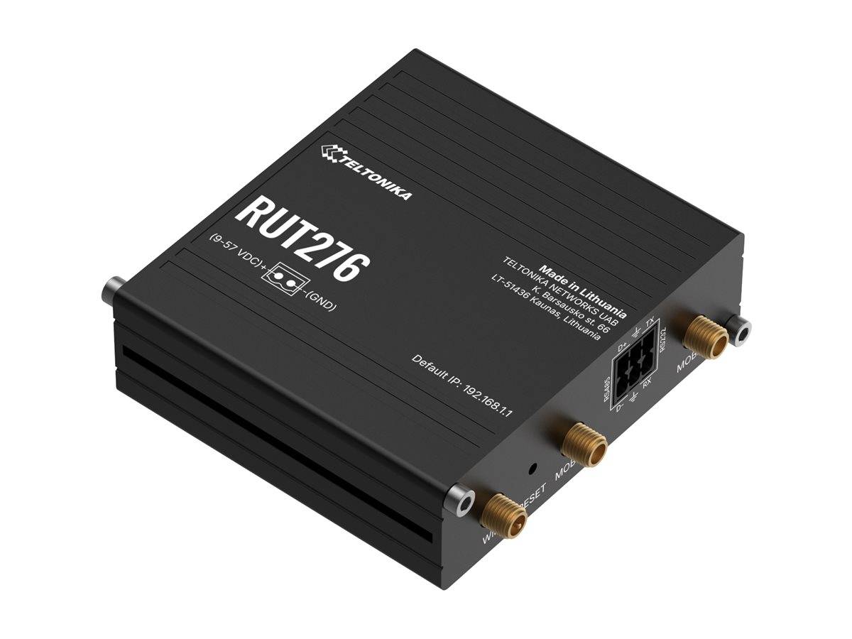 Schwarzer Teltonika RUT276 Mobilfunkrouter/Modem mit Antennen und Ethernet-Anschlüssen, gezeigt in Produktansicht auf weißem Hintergrund.