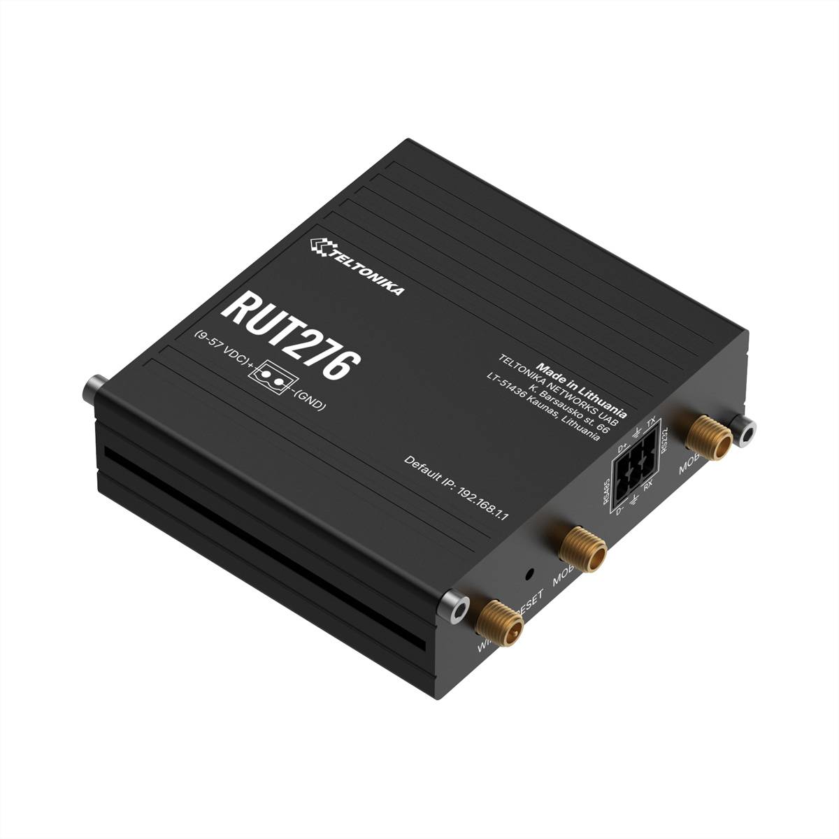 Ein schwarzer industrieller Router mit der Bezeichnung 'RUT276' von Teltonika Networks. Er verfügt über mehrere Anschlüsse und ist für Netzwerkverbindungen konzipiert.