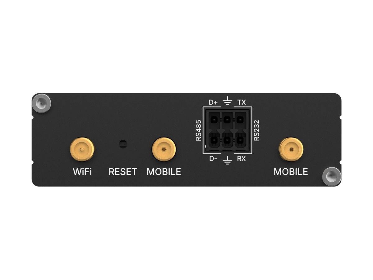 Vorderansicht eines schwarzen Kommunikationsgerätepanels mit WiFi-, RESET- und MOBILE-Anschlüssen sowie einer RS485/RS232-Klemmleiste mit den Bezeichnungen D+, D-, TX und RX.