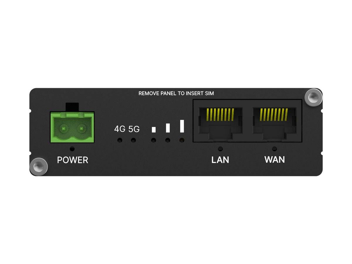 Vorderansicht eines Modem-/Router-Panels mit Stromeingang, 4G-/5G-Indikatoren, zwei Ethernet-Anschlüssen mit den Bezeichnungen LAN und WAN sowie einer Anmerkung zum SIM-Zugangsfeld.