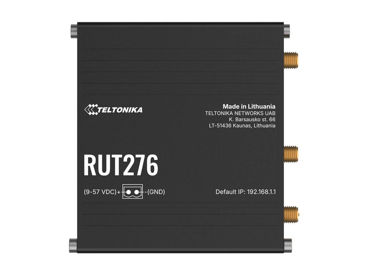 Schwarzer Teltonika RUT276 Router/Modem mit drei seitlichen Antennen/Anschlüssen, beschriftet mit 9-57 VDC, GND und Standard-IP 192.168.1.1.