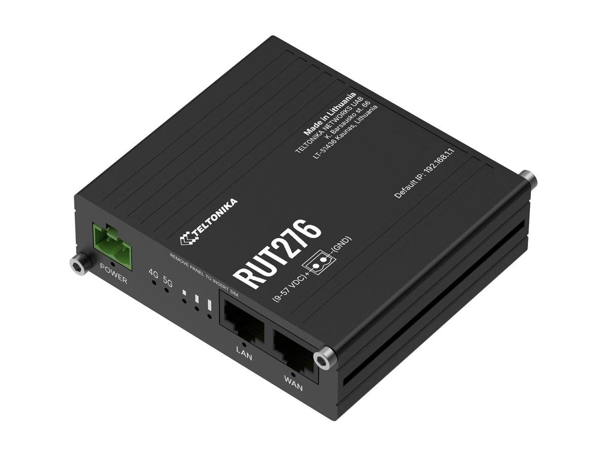 Black Teltonika RUT276 Industrierouter mit Ethernet LAN- und WAN-Anschlüssen sowie Stromverbinder auf weißem Hintergrund.
