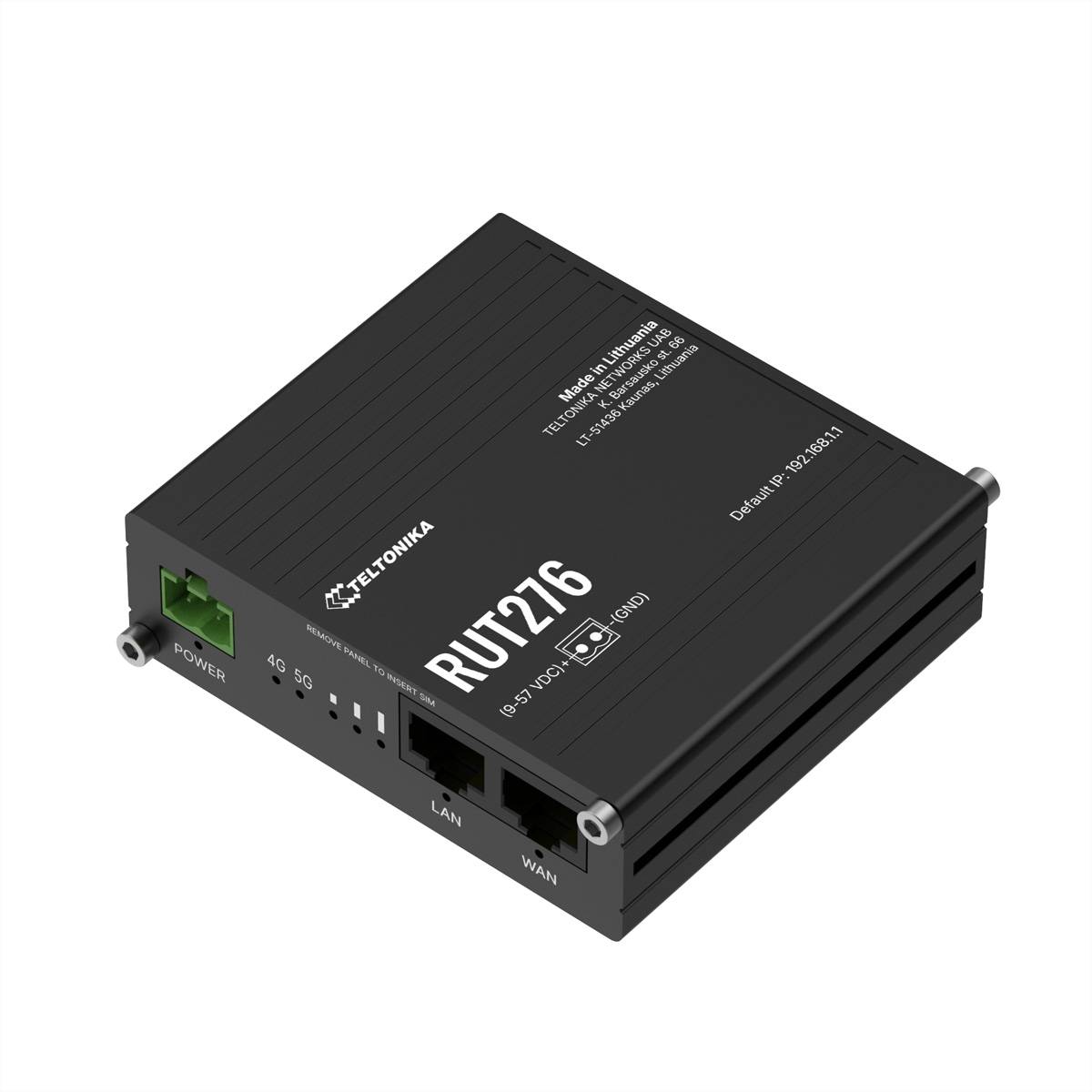 Ein schwarzer Teltonika RUT216 Router mit LAN-, WAN-Anschlüssen und LED-Anzeigen.