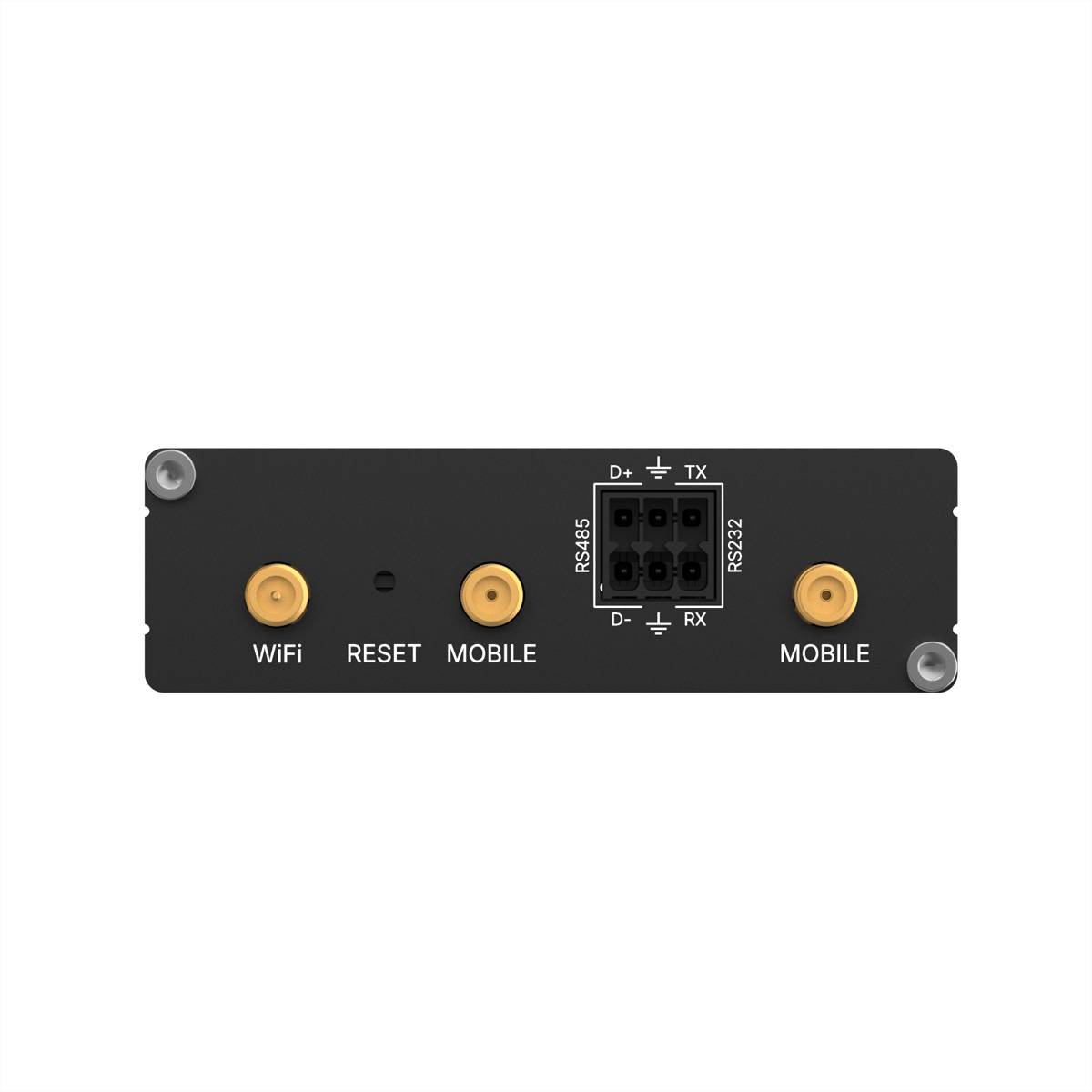 Ein schwarzes elektronisches Panel mit beschrifteten Anschlüssen: 'WiFi', 'RESET', 'MOBILE' und zwei 'RS'-Anschlüsse, die mit 'D+' und 'D-' gekennzeichnet sind.