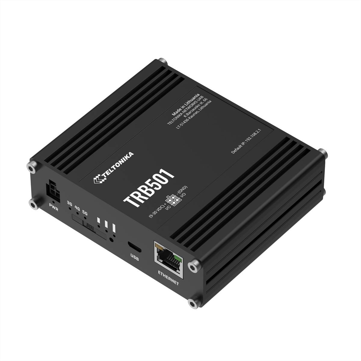 Ein schwarzes Teltonika TRB501 Router-Gerät mit mehreren Anschlüssen für Konnektivität, mit Produktinformationen auf seiner Oberfläche.