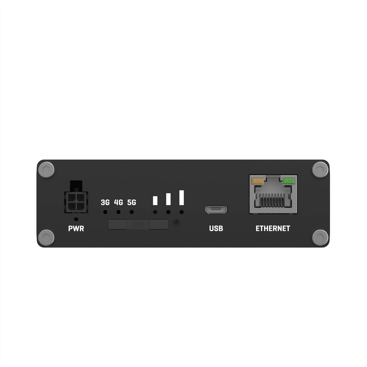Ein schwarzes Gerät mit Power-, USB- und Ethernet-Anschlüssen auf dem Frontpanel. Anzeigen für 3G-, 4G- und 5G-Konnektivität sind sichtbar.