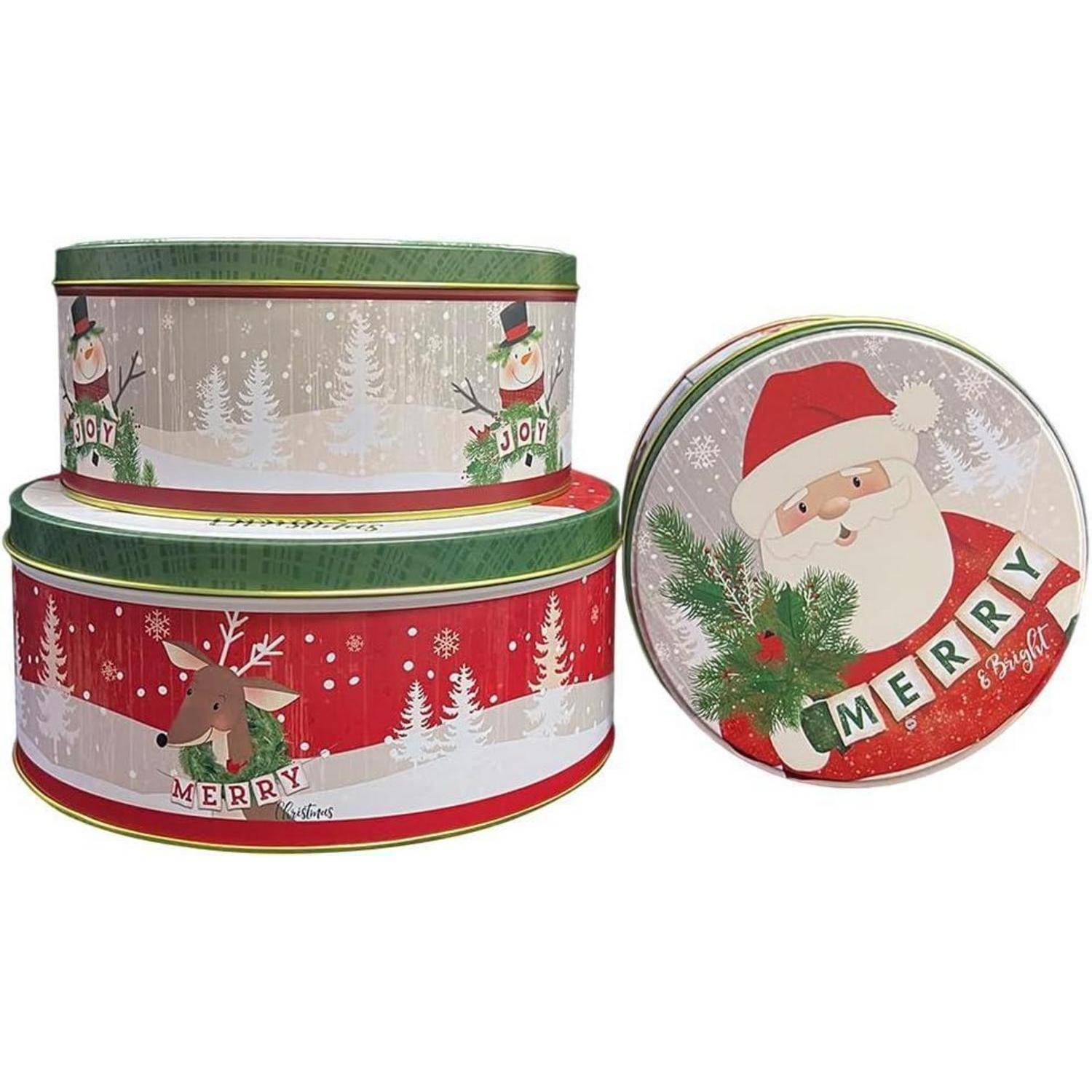 Drei festliche Blechdosen mit Weihnachtsdesigns. Zwei sind gestapelt und zeigen Schneemänner mit der Aufschrift 