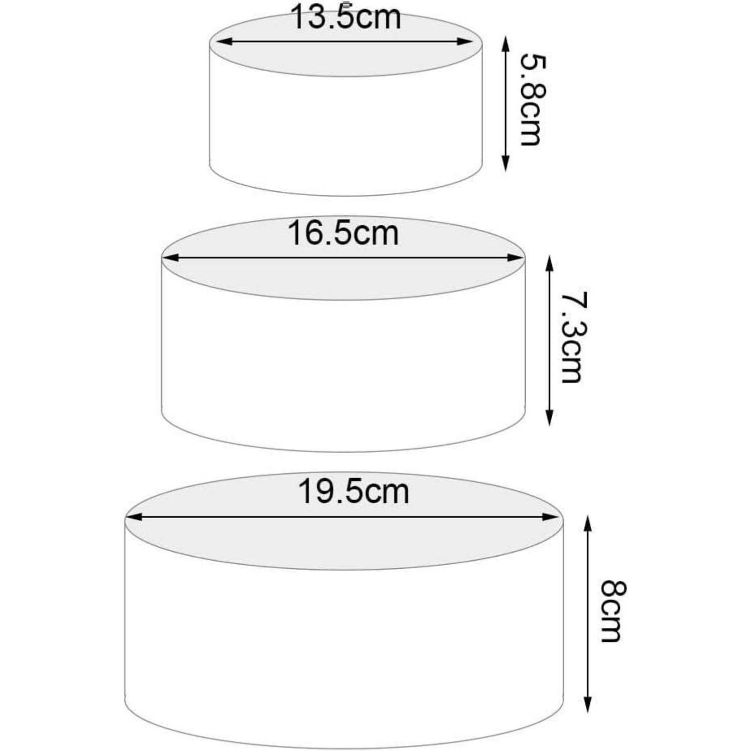 Diagramm mit drei Zylindergrössen: Durchmesser von 13,5 cm, 16,5 cm und 19,5 cm sowie Höhen von 5,8 cm, 7,3 cm und 8 cm.