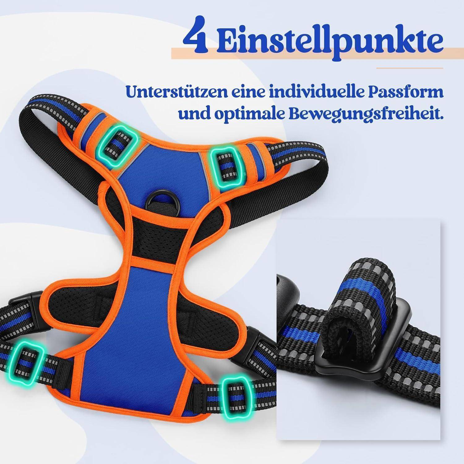 Ein blau-schwarzer Geschirr mit vier Einstellpunkten für eine maßgeschneiderte Passform und optimale Bewegungsfreiheit. Enthält eine Nahaufnahme einer Schnalle.