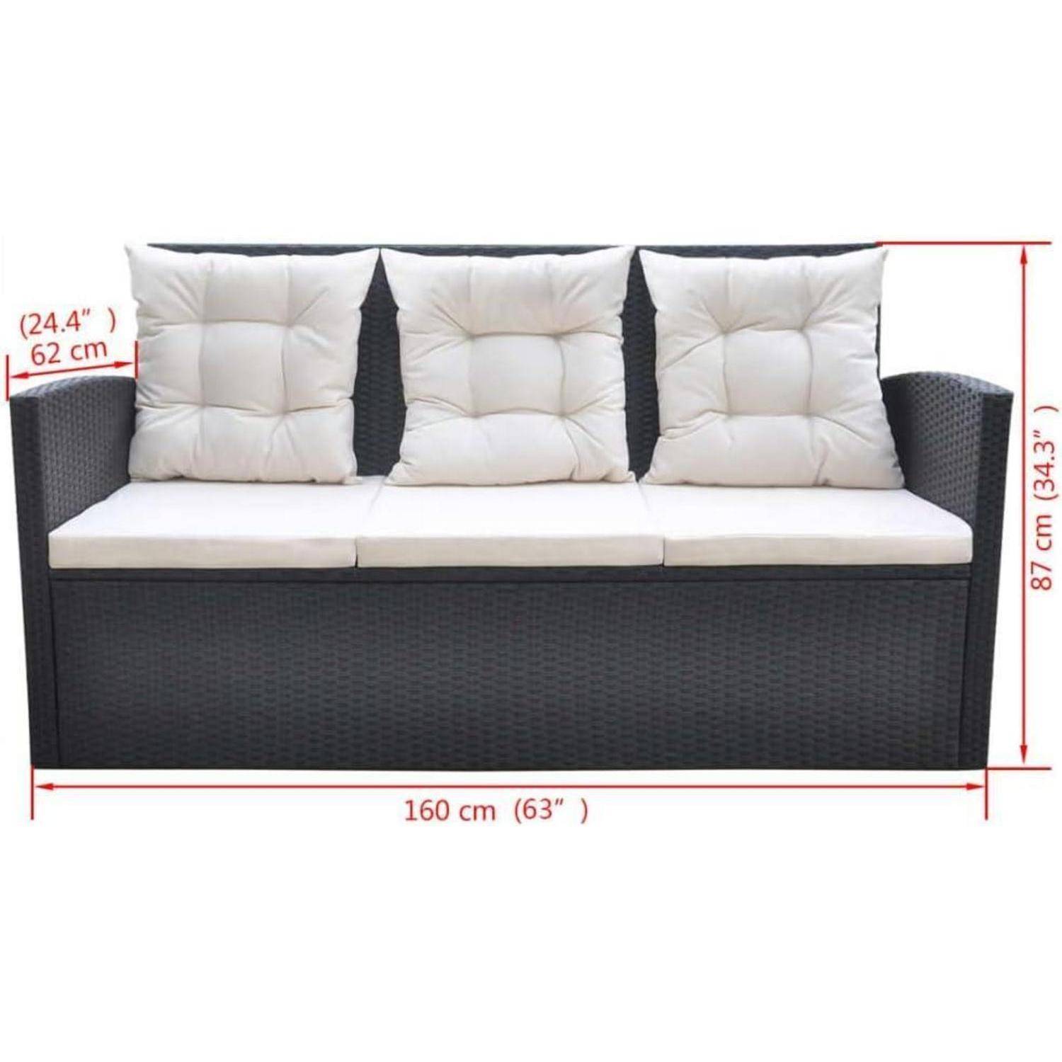 Eine schwarze Flechtsofa mit drei weißen Kissen; Abmessungen: 160 cm (63