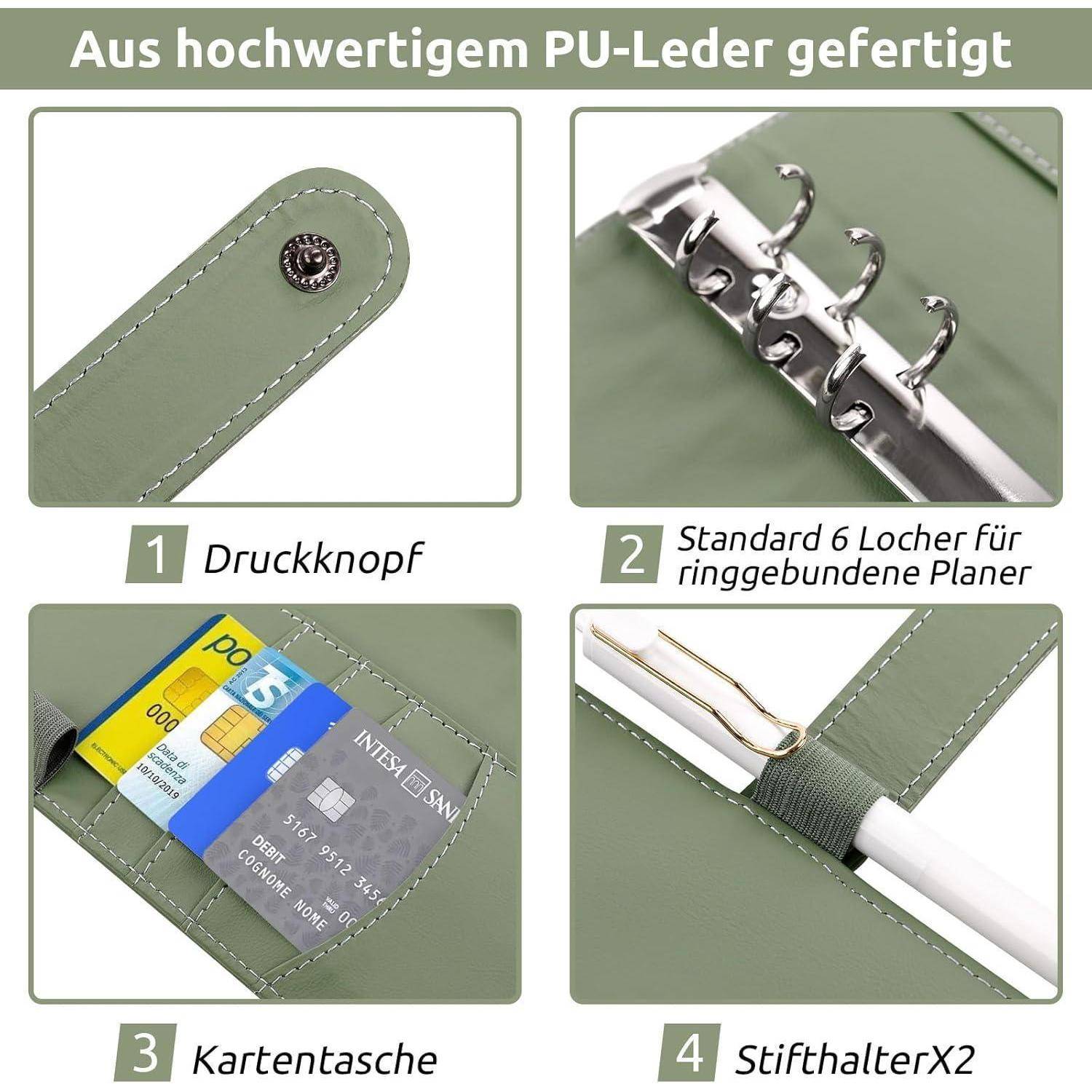Grüner PU-Lederplaner mit Knopfverschluss. Merkmale umfassen: Druckknopf, 6-Ringe-Ringbuch, Kartenfach und 2 Stifthalter.