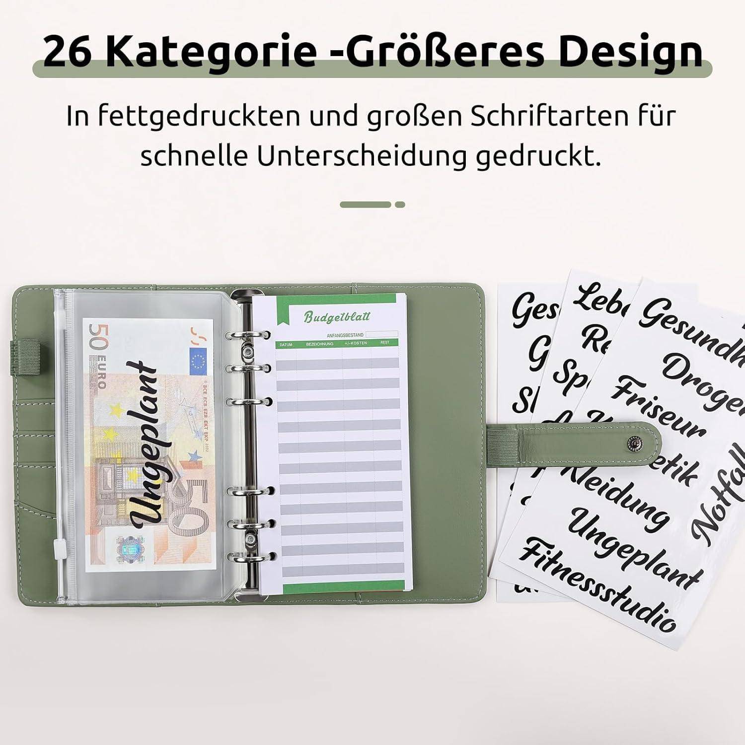 Ein grüner Organizer, der 26 beschriftete Budgetkategorien mit fettgedruckten Texten zur leichten Unterscheidung zeigt. Daneben liegen beschriftete Zettel für verschiedene Ausgaben.