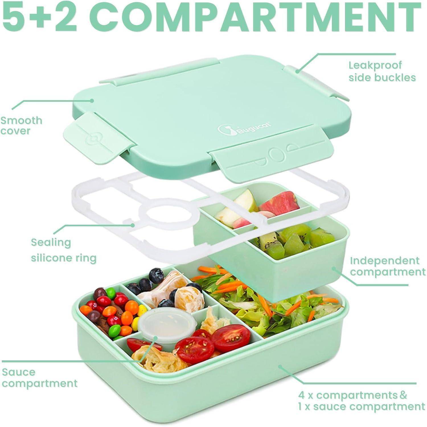 Bento-Lunchbox mit Beschriftung '5+2 FÄCHER'. Merkmale umfassen auslaufsichere Konstruktion, Dichtungsring, glatte Abdeckung und Fächeranordnung für organisierte Mahlzeiten.