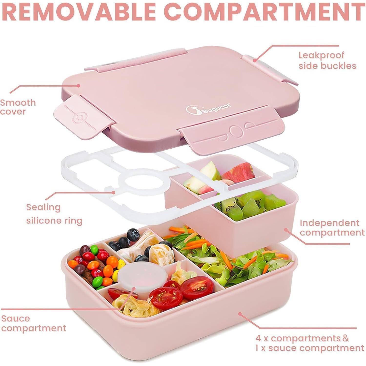 Rosa Bento-Lunchbox mit herausnehmbarem Fach, auslaufsicheren Seitenschnallen, abdichtenden Silikonring und 4 Hauptfächern sowie 1 Saucenfach.