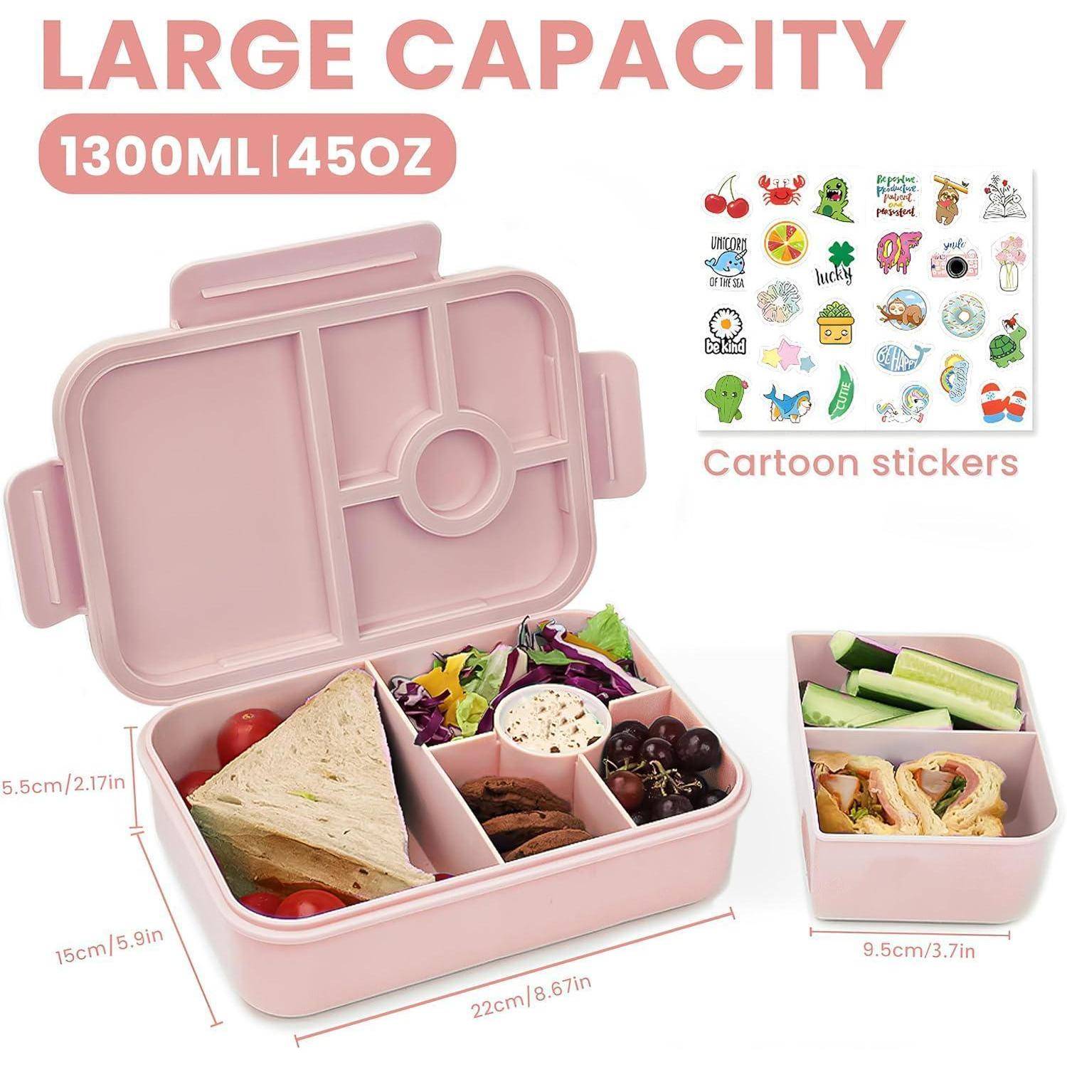 Rosa Mehrkammer-Lunchbox mit Sandwiches, Gemüse und Obst. Text liest sich 