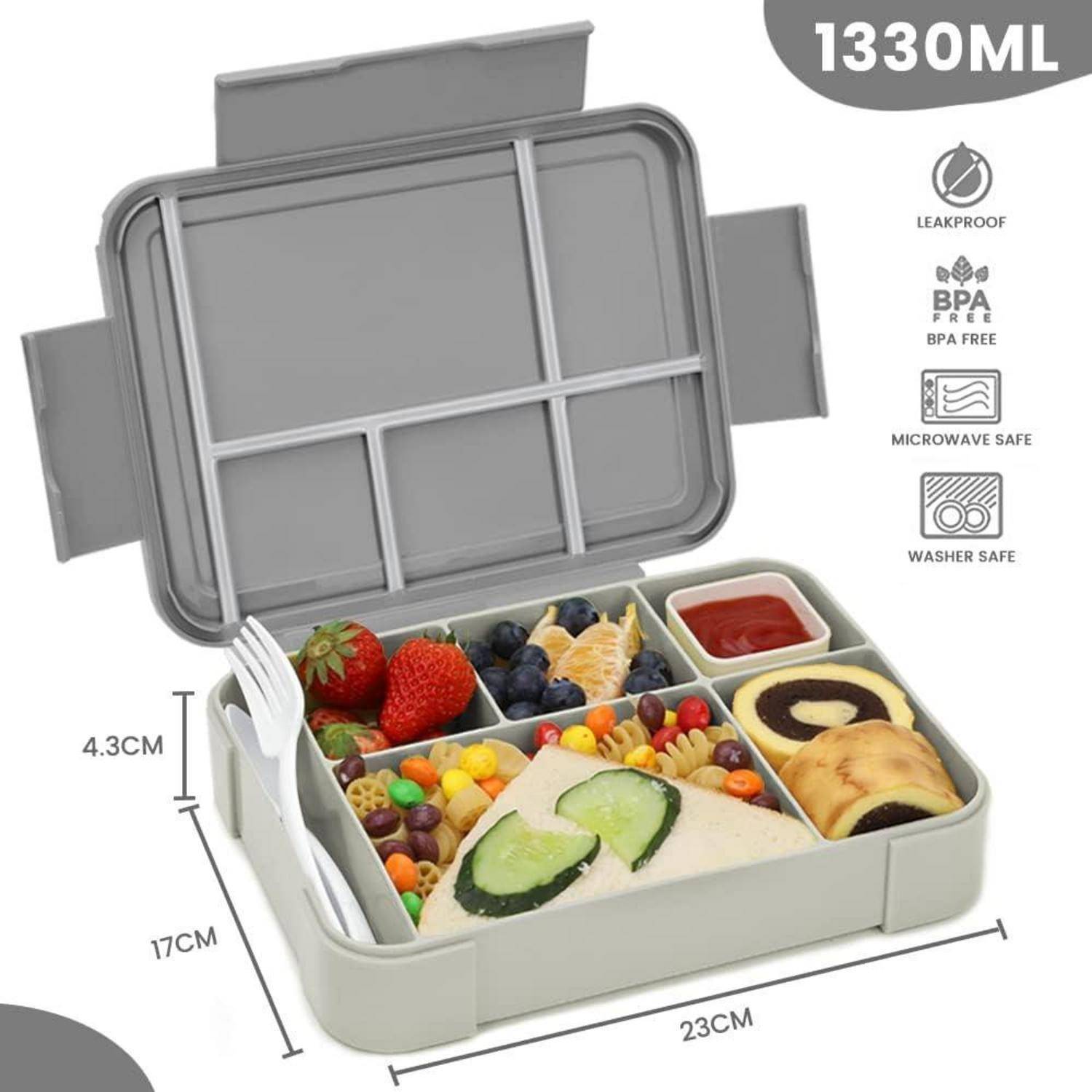 Brotdose Kinder Bento Lunchbox 1330ml 6 Fächer Auslaufsicher Grau