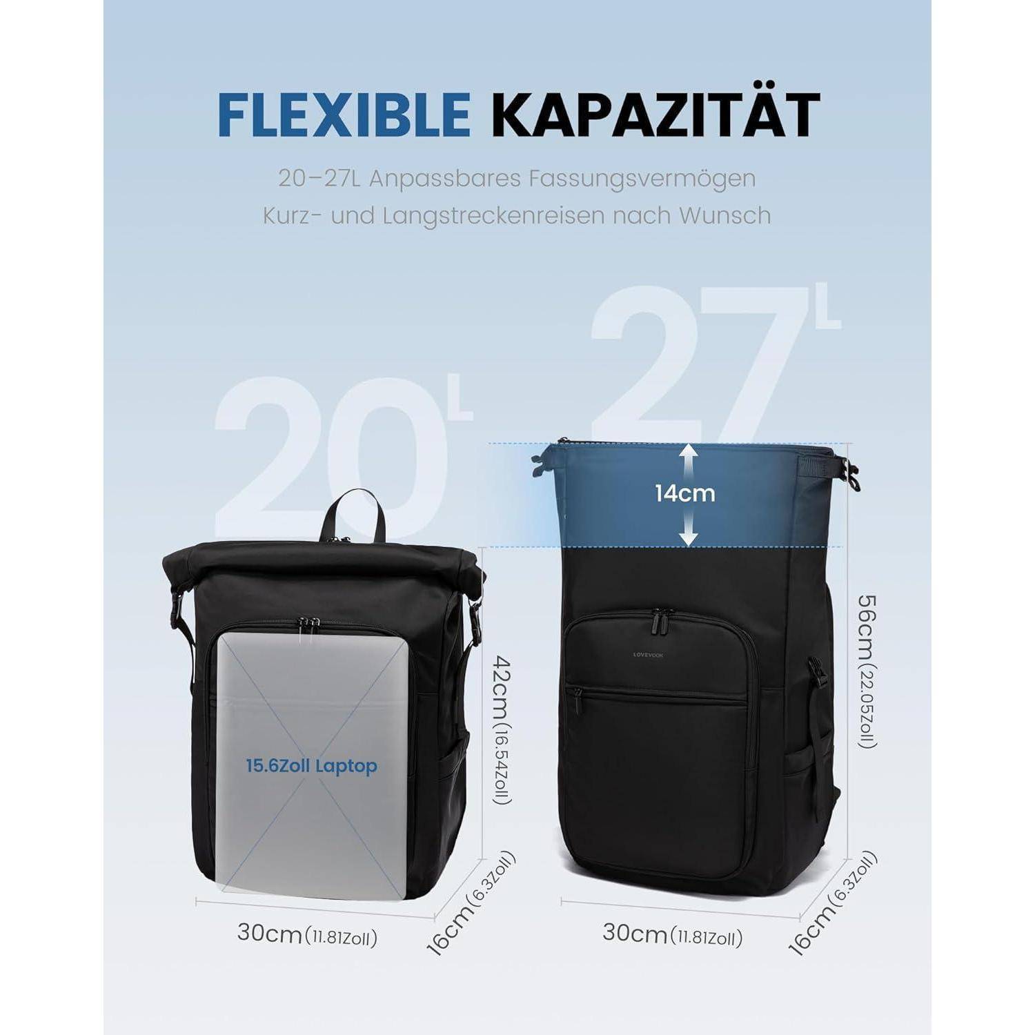 Flexible Kapazität' Rucksack-Vergleich mit zwei Größen: 20L mit einem 15,6-Zoll-Laptopfach (30x11x42cm) und 27L (30x14x52cm) mit angegebenen Abmessungen.