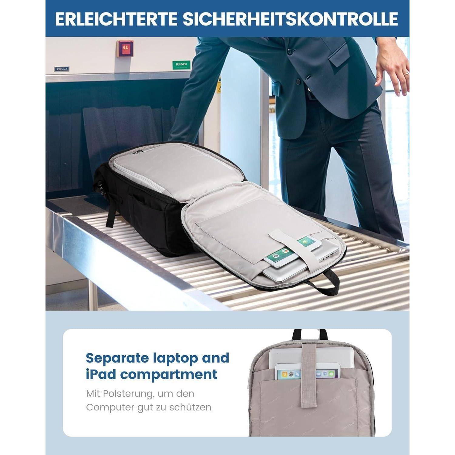Ein Geschäftsmann passiert einen Sicherheitskontrollpunkt und präsentiert einen geöffneten Rucksack mit separaten Fächern für einen Laptop und ein Tablet.