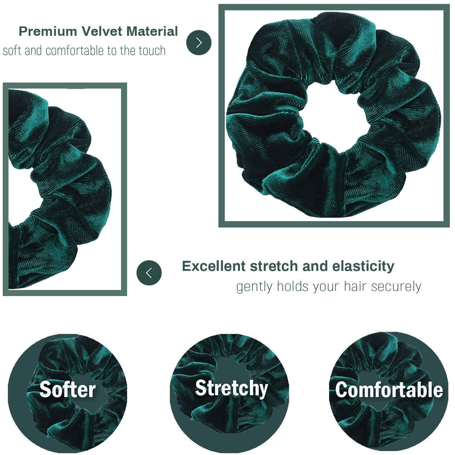 Premium Samt Material' Scrunchie gezeigt mit Text: 'Weich und angenehm beim Anfassen. Hervorragende Dehnbarkeit und Elastizität. Weicher, Dehnbar, Komfortabel.