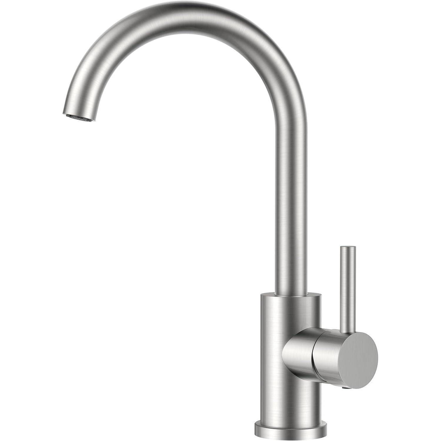 Ein moderner Küchenarmatur aus Edelstahl mit einem hochgebogenen Auslauf und einem seitlichen Hebel zur Steuerung von Wassermenge und Temperatur.