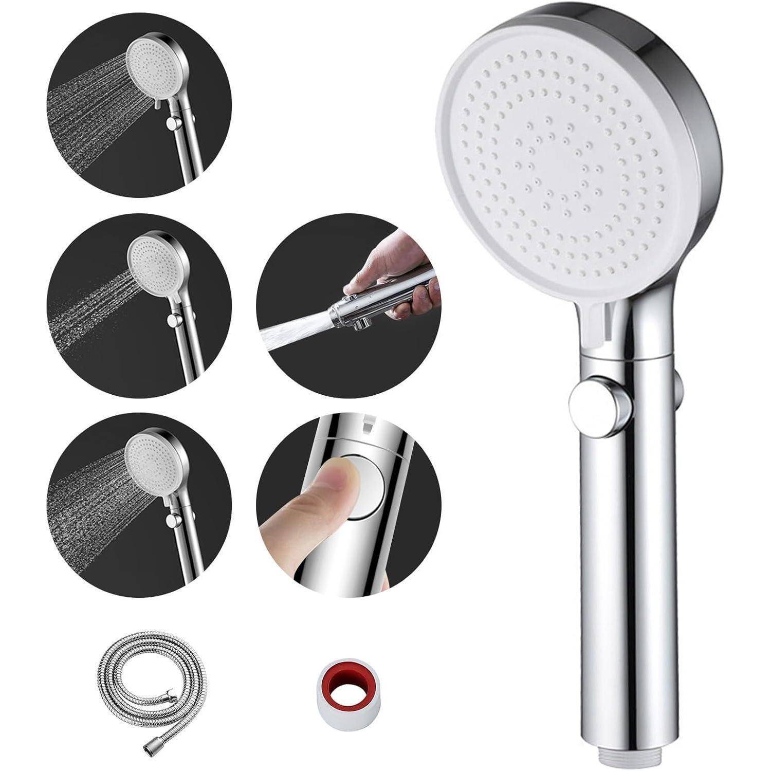 Eine Chrom-Brause mit mehreren Sprühmustern, einstellbar durch einen Knopfdruck. Inklusive flexiblem Schlauch und Dichtungsband für die Installation.
