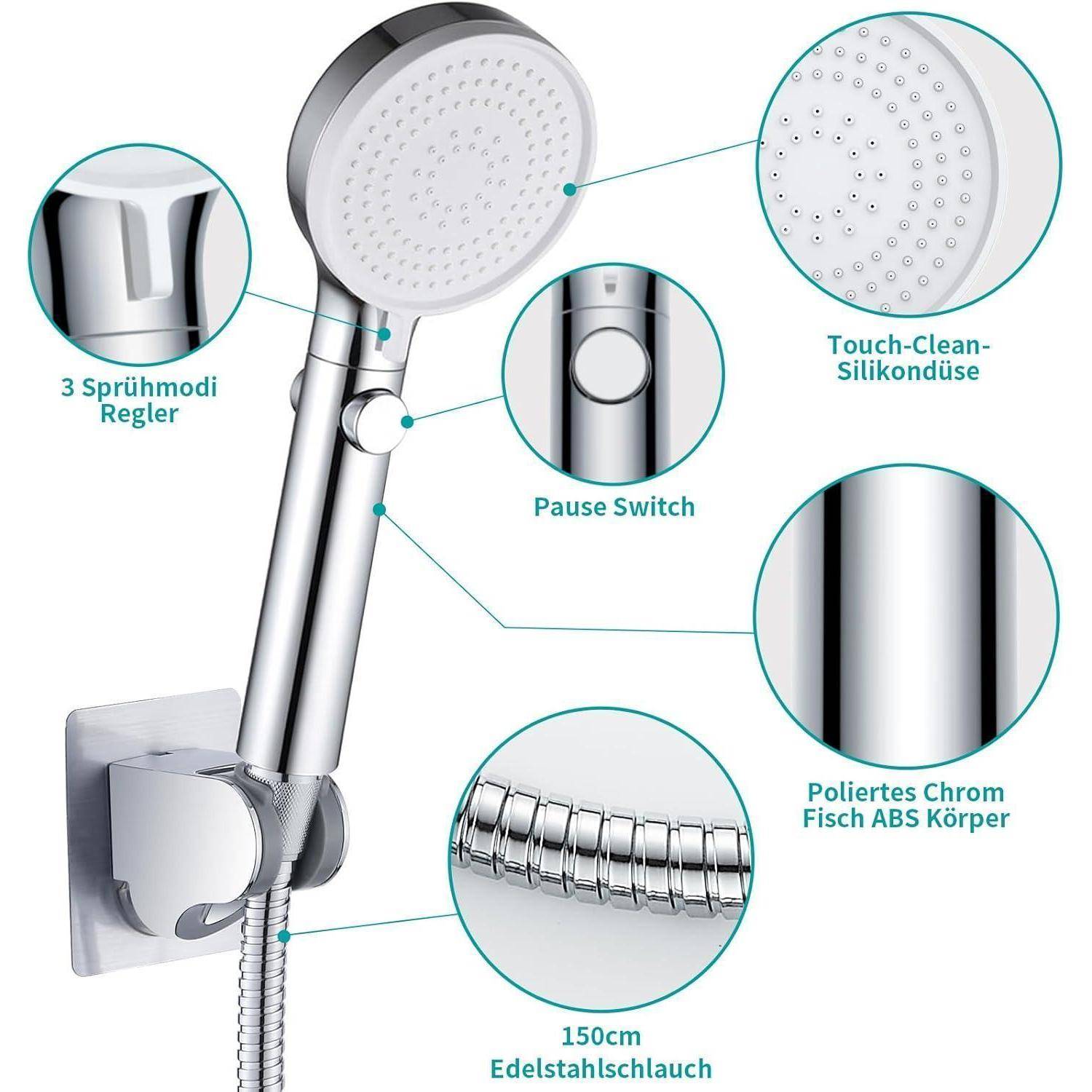 Handbrause mit Funktionen: drei Strahlarten, berührungsreinigbare Silikondüsen, Pausenschalter, verchromter Körper, 150 cm Edelstahlschlauch.