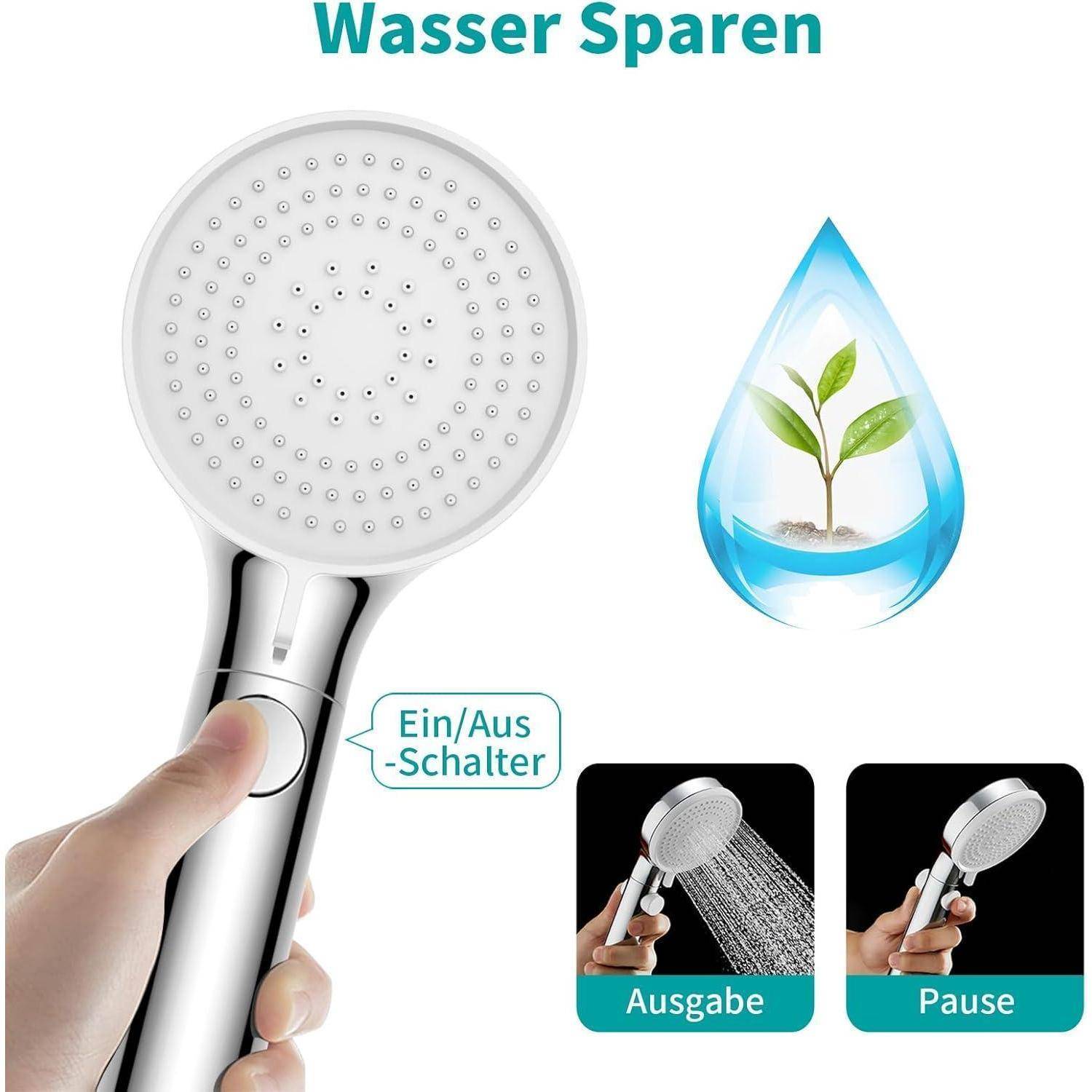 Eine Hand hält einen Duschkopf mit einem Knopf, der mit 'Ein/Aus-Schalter' beschriftet ist. Symbole zeigen die Wassersparfunktion: 'Ausgabe' (Ausgabe) und 'Pause'.