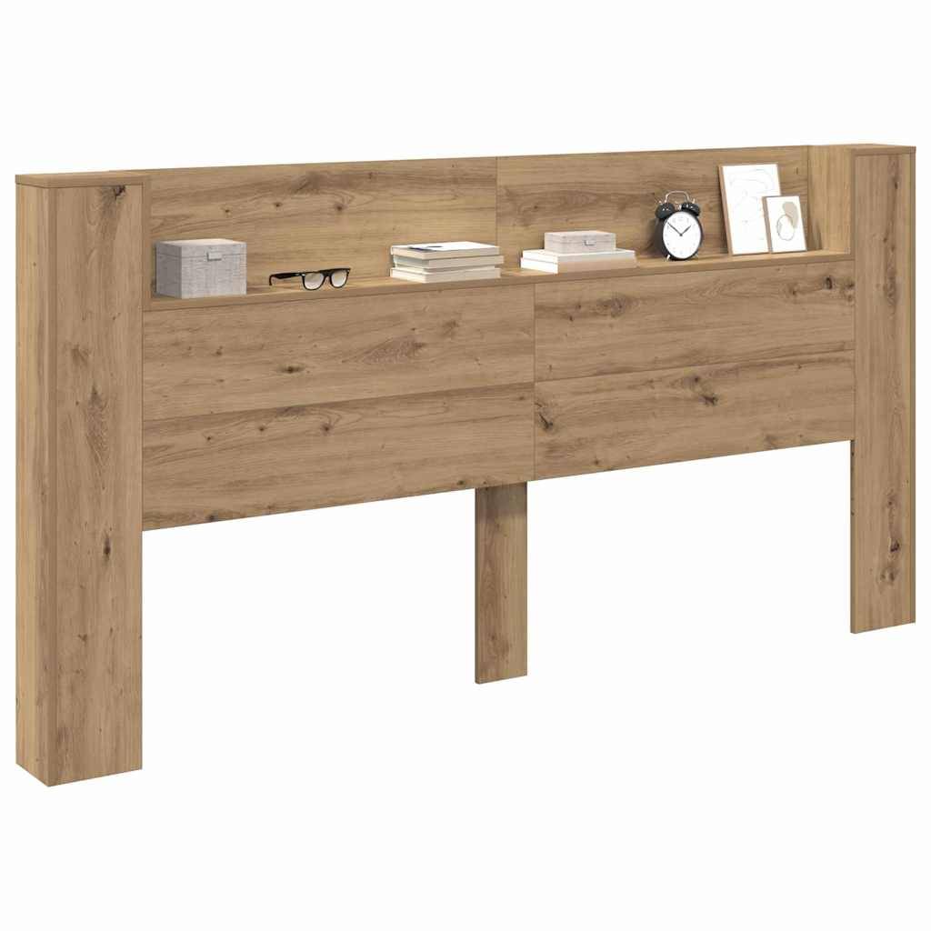 Holzkopfteil mit Regalen, ausgestattet mit einer Uhr, Büchern, Fotorahmen und dekorativen Boxen. Die Oberfläche hat einen natürlichen, hellen Holzton.