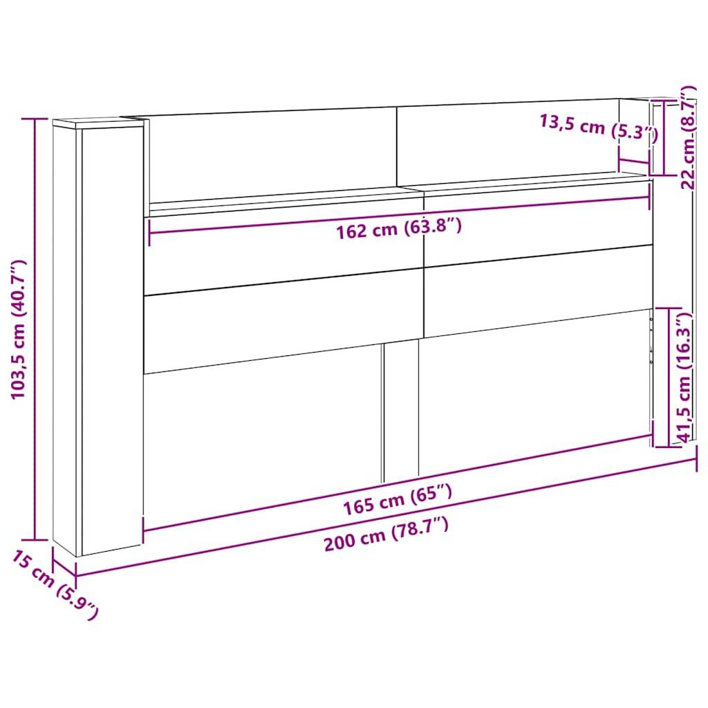 Eine schematische Zeichnung eines Kopfteils mit Abmessungen: Höhe 103,5 cm, Breite 200 cm, Tiefe 15 cm. Regale und Schubladen sind dargestellt.