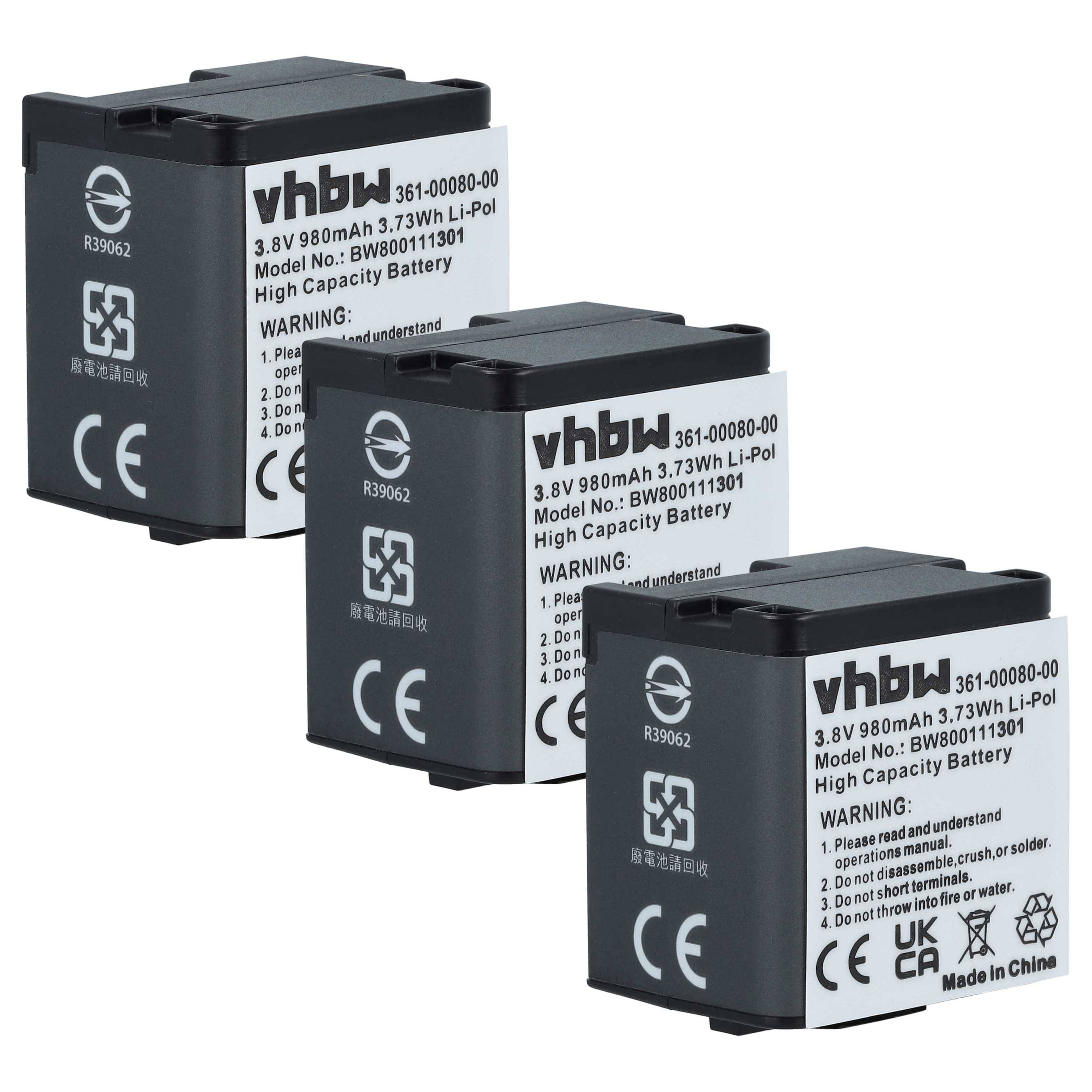 Drei vhbw Lithium-Polymer-Hochkapazitätsbatterien, Modellnummer BW800113901, gekennzeichnet mit CE, UKCA und FCC, hergestellt in China, 3,8V, 980mAh, 3,73Wh.