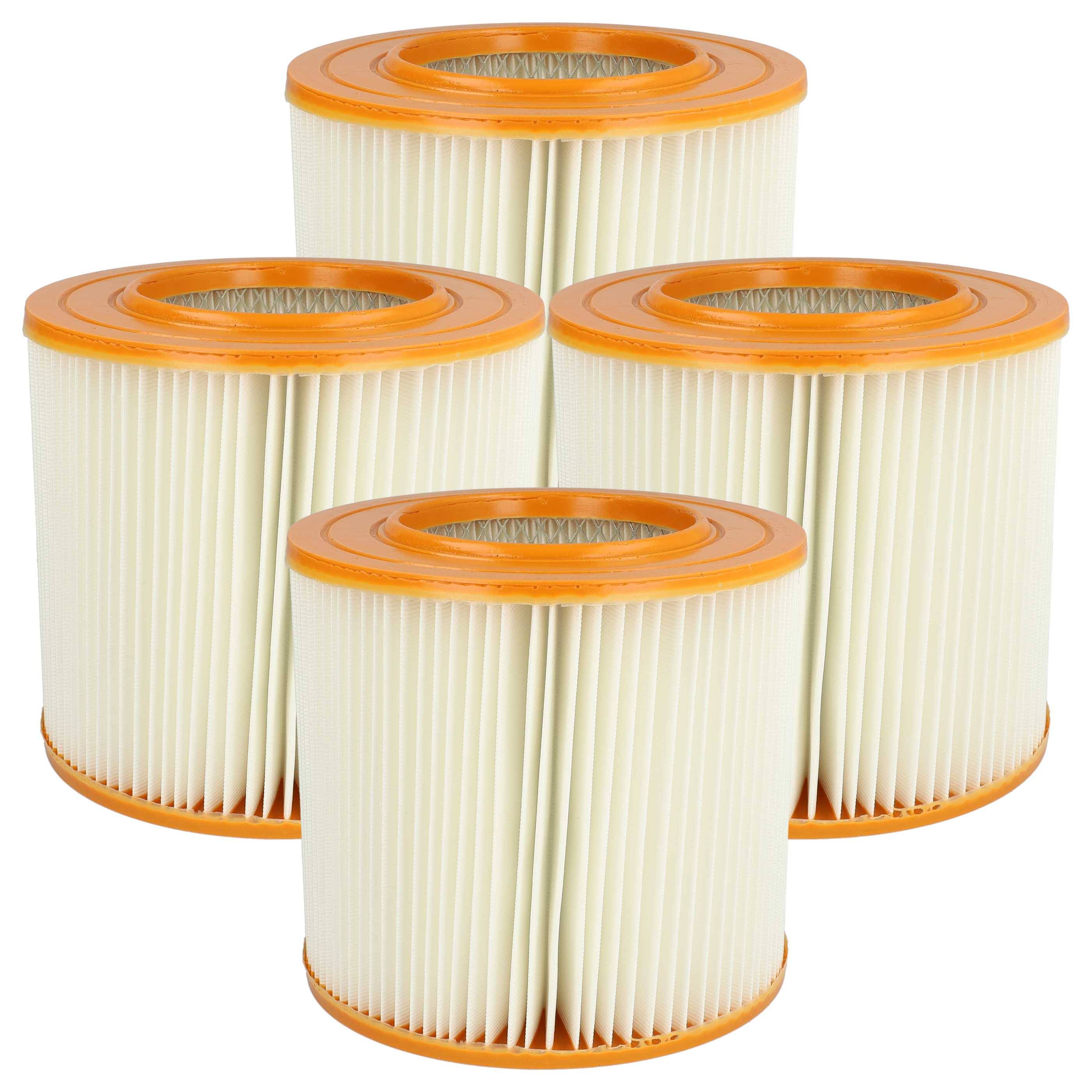 Vier orange zylindrige Luftfilter mit gefalteten Oberflächen sind in einer quadratischen Anordnung vor einem weißen Hintergrund platziert.