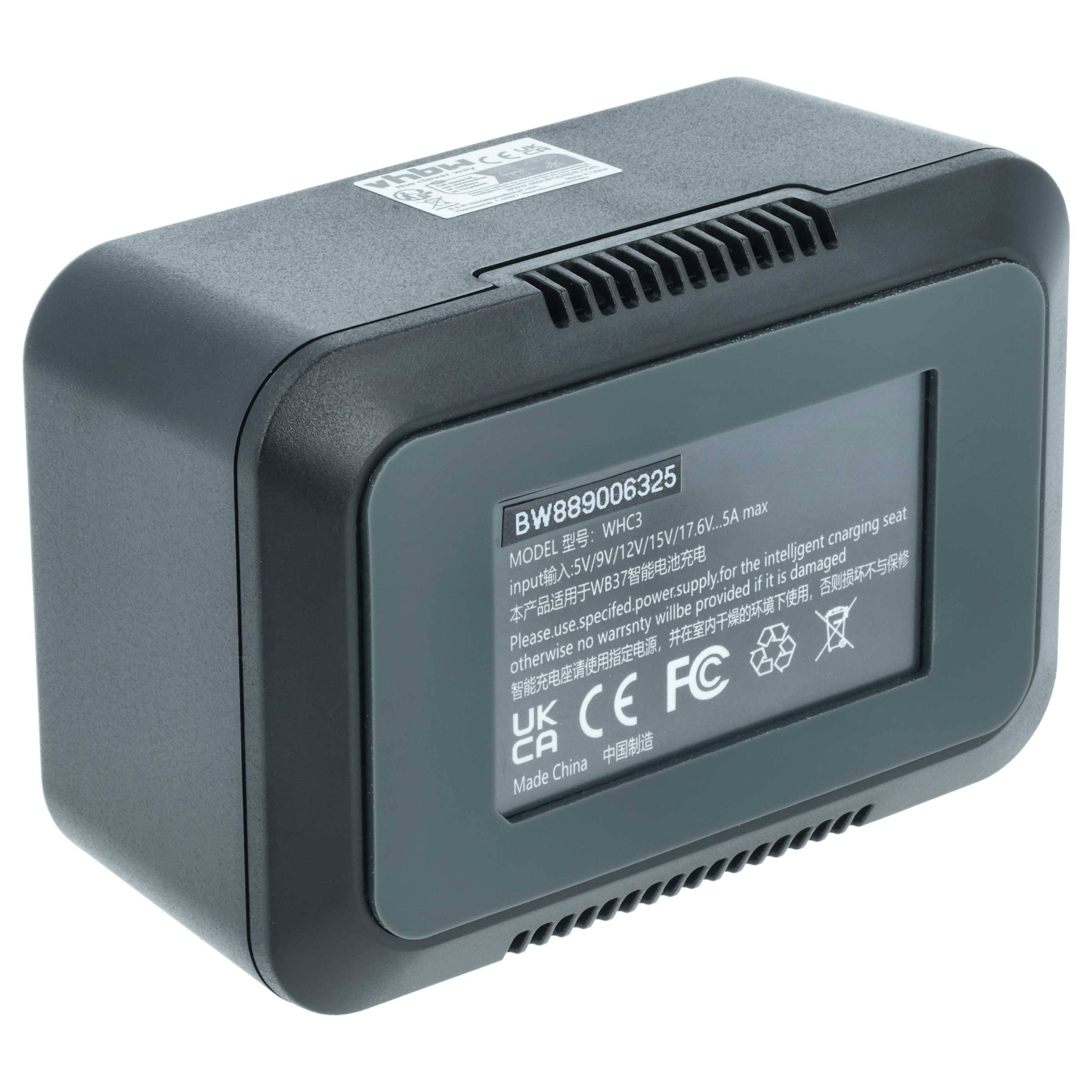 Ein schwarzes elektronisches Gerät mit einem Anzeigebildschirm, der Spezifikationen zeigt, einschließlich Modell 'BW-BS5', Spannungseingabe und Zertifizierungslogos.