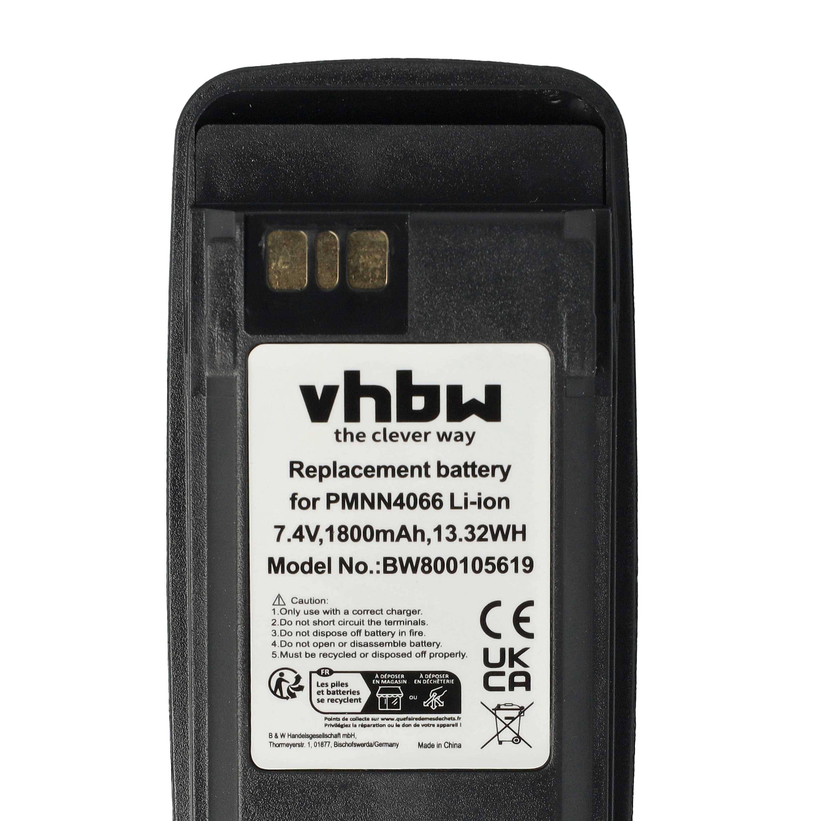 VBHW Ersatzakku für PMMN4066 Modell, Li-Ion, 7,4V, 1800mAh, 13,32Wh. Schwarzes Gehäuse mit Produktetikett und sichtbaren Kontaktklemmen.